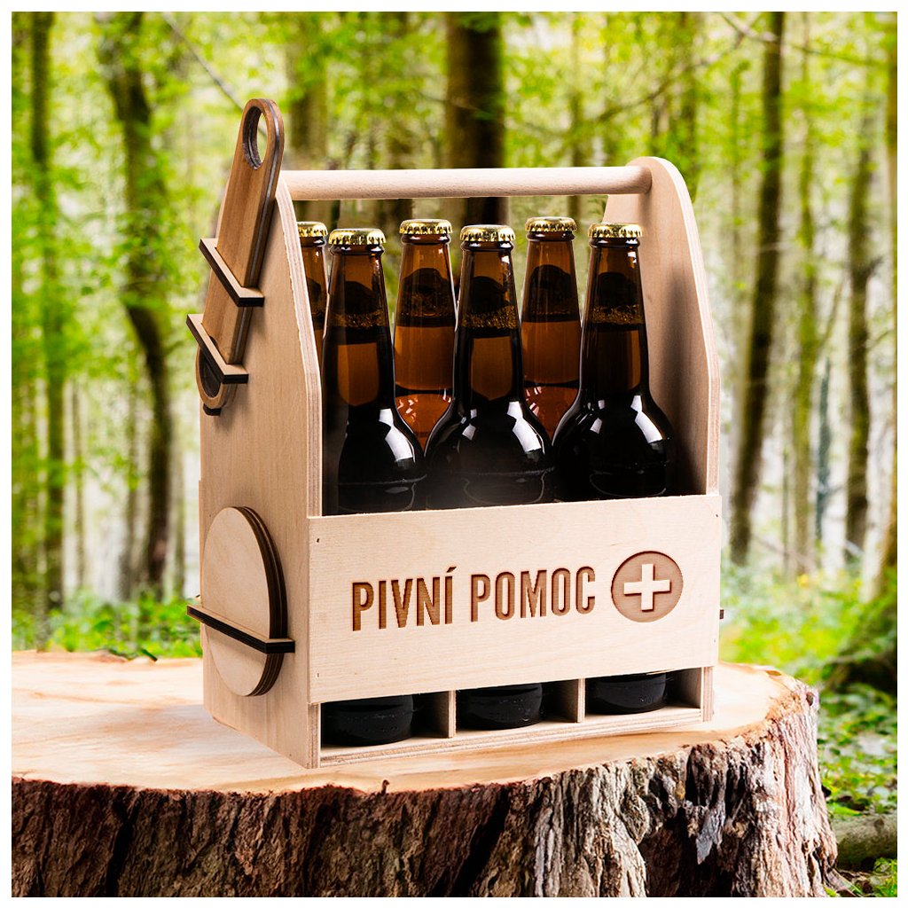 Dřevěný nosič na pivo – PIVNÍ POMOC