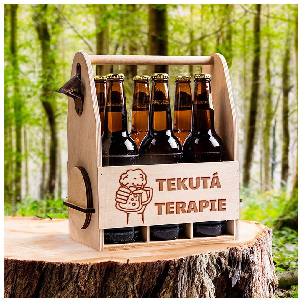 Dřevěný nosič na pivo – Tekutá terapie
